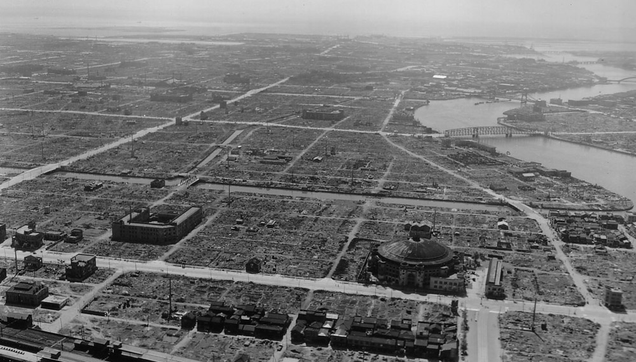An aerial photo of Tokyo showing the devastation of the incendiary attacks.